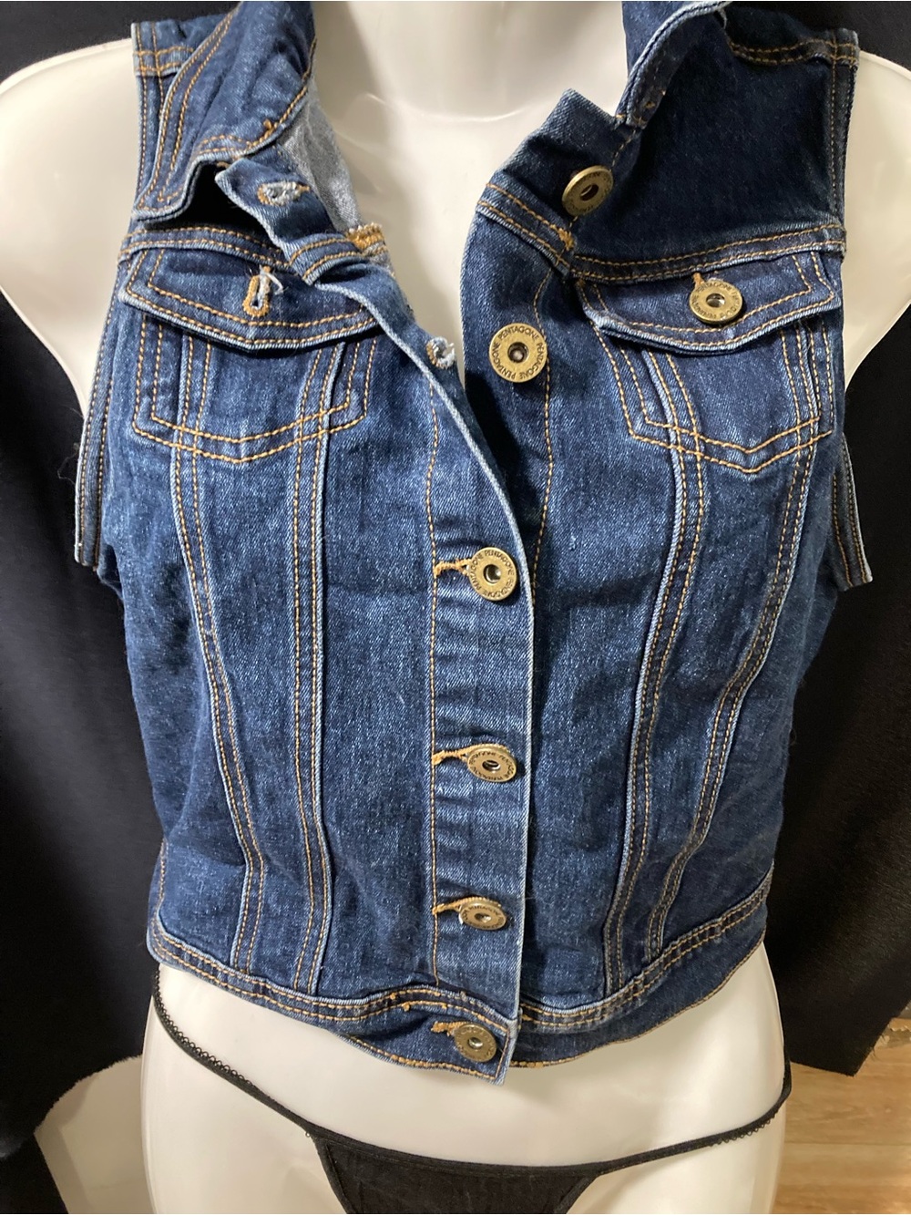 Pentagone Dark Wash Denim Vest Cropped Sleeveless Jean Jacket Y2K M